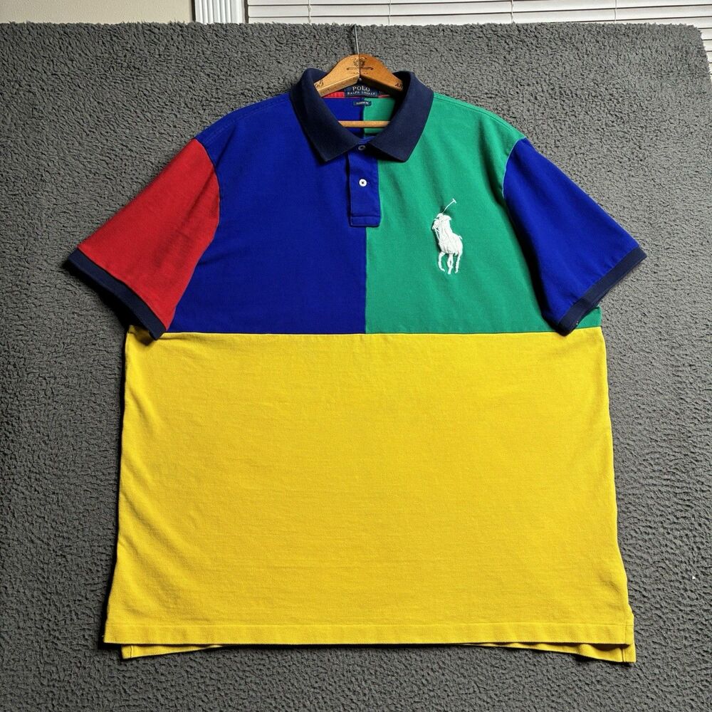 Polo Ralph Lauren Mens Colorblock Big Pony Mesh Pique Polo Player Shirt XXL 2XL